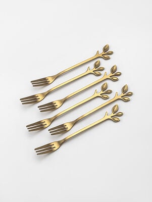 SET X6 TENEDORES DORADOS LEAF DISEÑO HOJA EN CAJA