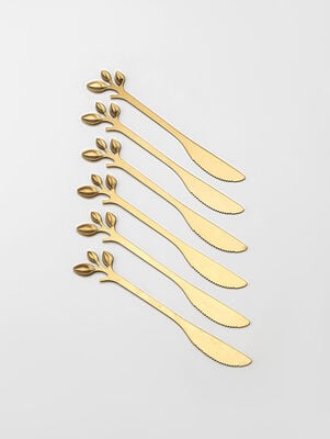 SET X6 CUCHILLOS DORADOS LEAF DISE&Ntilde;O HOJA EN CAJA