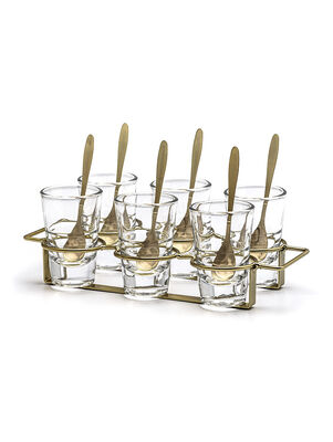 SET X 6 COPETINEROS DE VIDRIO CON CUCHARA Y RACK DE METAL 26X14 CM