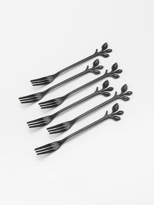 SET X6 TENEDORES NEGROS LEAF DISEÑO HOJA EN CAJA