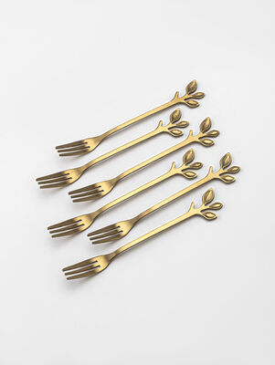 SET X6 TENEDORES DORADOS LEAF DISEÑO HOJA EN CAJA