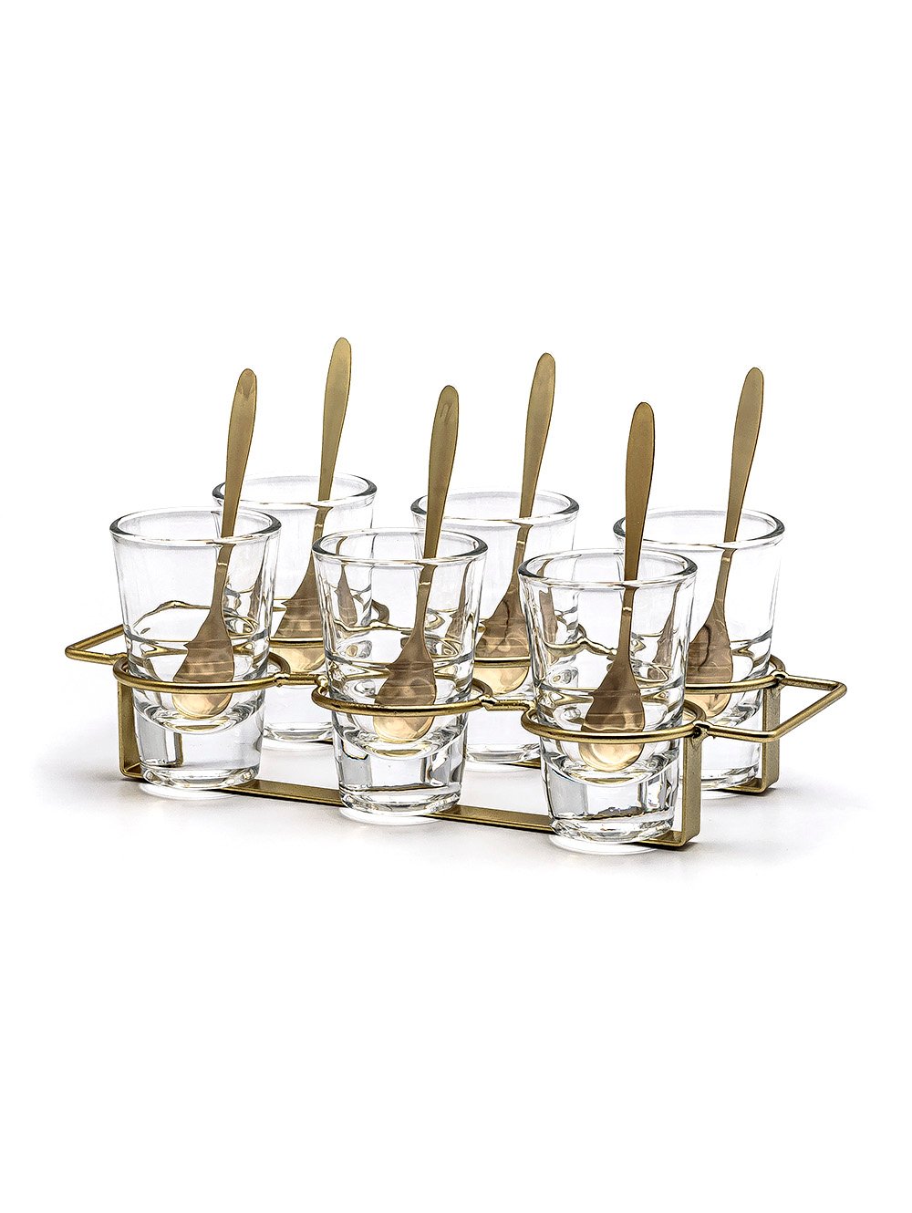 SET X 6 COPETINEROS DE VIDRIO CON CUCHARA Y RACK DE METAL 26X14 CM image number null