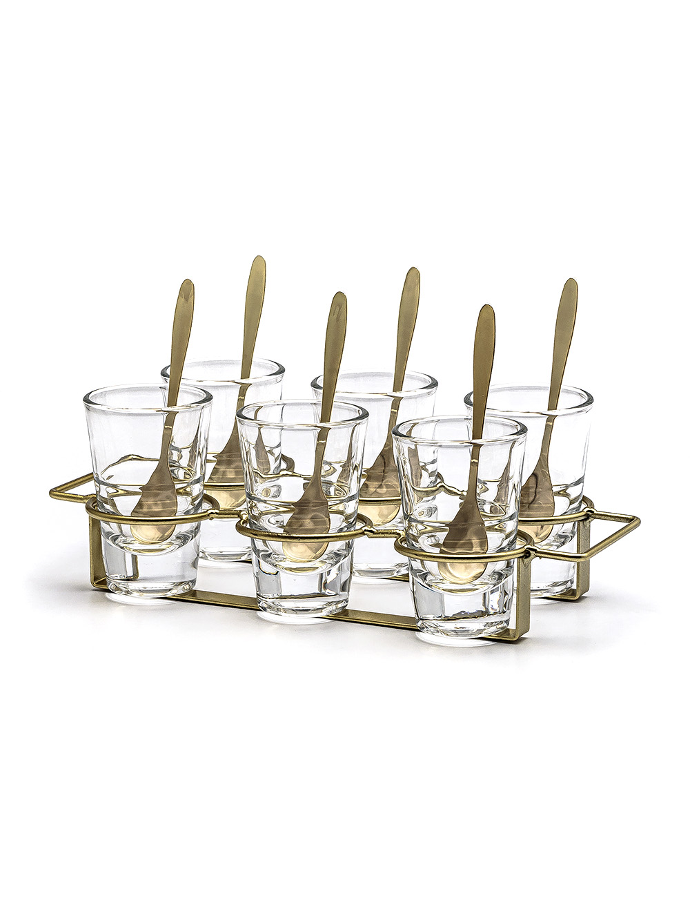 SET X 6 COPETINEROS DE VIDRIO CON CUCHARA Y RACK DE METAL 26X14 CM image number null